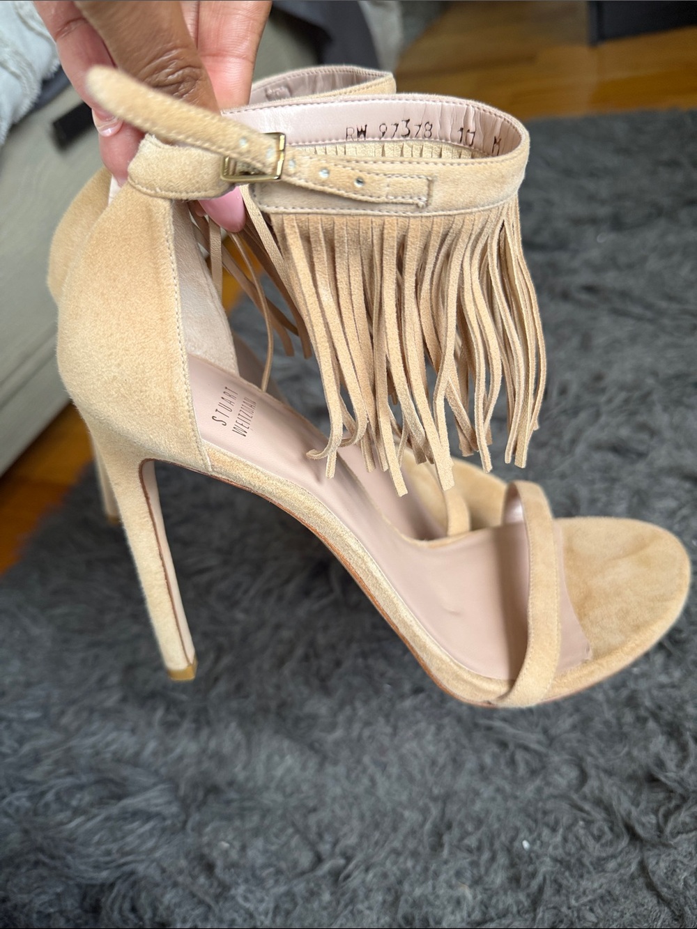 Stuart Weitzman ankle strap fringe heels